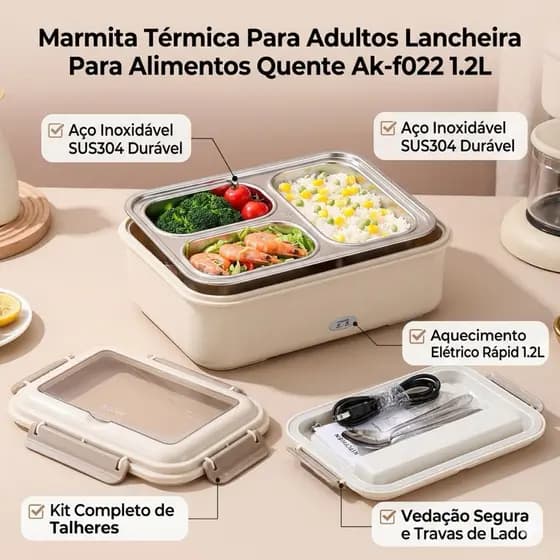 Marmita Elétrica Térmica 1.2L Aço Inox 304 Bivolt Lancheira Portátil Automática AK-F022 + Kit Talheres