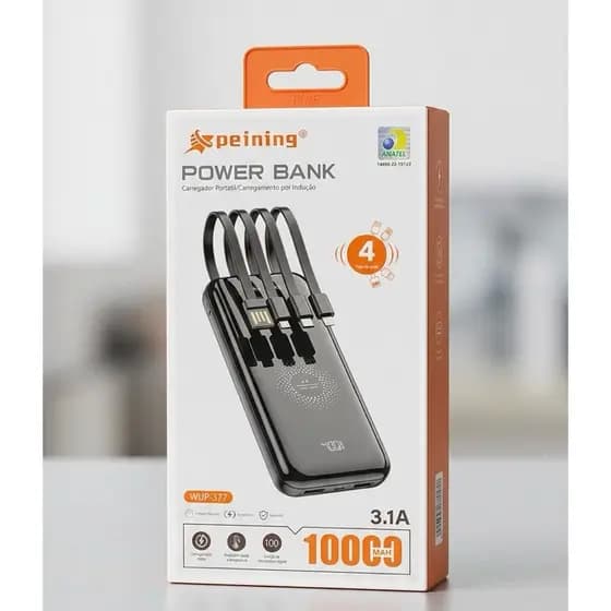 Power Bank 10000mAh Indução Com Cabos Embutidos WUP-377 Carregador Portátil Rápido Universal