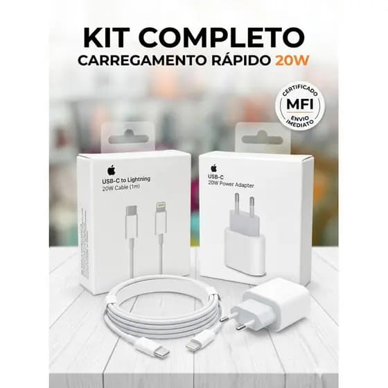 Kit 2 pecas Carregador + Cabo, 20W Turbo USB-C + Cabo Lightning 1m