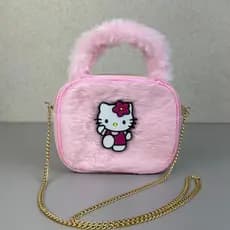 Bolsa Infantil Pelúcia Hello Kitty Rosa | Bolsa Shoulder Kids com Alça Dourada Fofa