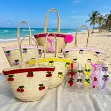 Kit Bolsa de Palha Infantil Cerejinhas Sereia com Lantejoulas e Tiara Combinando