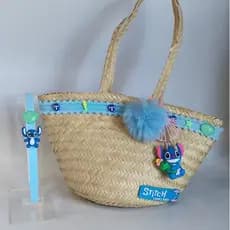 Kit Bolsa de Palha + Tiara Stitch com PomPom Azul