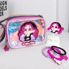 Kit Bolsa Infantil Emilly Vick Holográfica + Pulseiras e Presilha - Bolsa Criança Feminina Presente