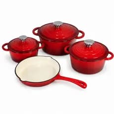 Jogo de Panelas Ferro Fundido Esmaltado 4 Pecas Vermelho - 3 Cacarolas + Frigideira  Fogao Gas Inducao Forno