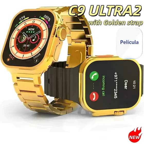 【With Golden strap】2026 Novo C9 Ultra MAX Gold Smart Watch Capacidade De Bateria Grande + Logon Facebook E WhatAPP
