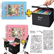 Kit Livro De Colorir Capa Dura 50 Páginas + 24/36/60/80/100/120 Cores Caneta Marcadora Ponta Dupla
