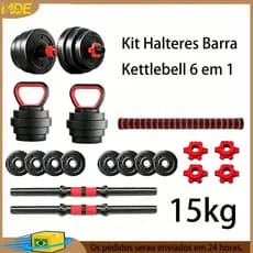 Kit Halteres Ajustável 15kg 6 em 1 Conjunto com Barra e Kettlebell para Treinamento Muscular em Casa