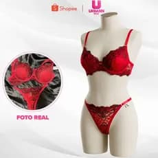 CONJUNTO COM BOJO RENDADO VERMELHO COM RENDA PRETA CONFORTAVEL