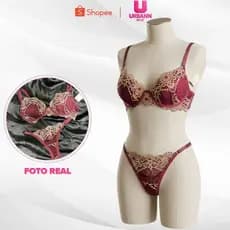 CONJUNTO COM BOJO RENDADO BORDÔ COM RENDA BRANCA CONFORTAVEL