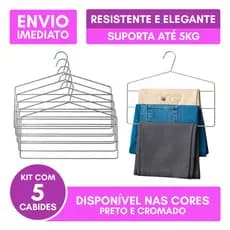 Kit 5 Cabides Triplo Calça Cabide Aberto Calceiro Resistente Aço Carbono Cromado Preto