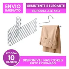 Kit 10 Cabides Calça Aberto Calceiro Resistente Elegante Luxo Aço Carbono Aramado 5kg Cromado