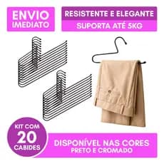 Kit 20 Cabides Calça Aberto Calceiro Resistente Elegante Luxo Aço Carbono Aramado 5kg Preto