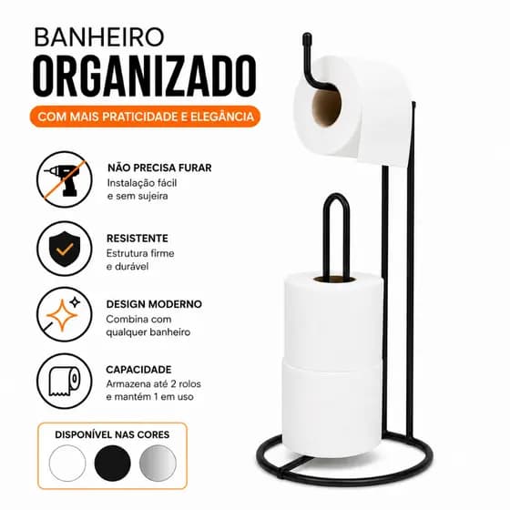 Porta Papel Higiênico De Chão Organizador Banheiro Moderno Sem Furo Preto Branco Cromado