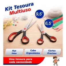 Kit Tesouras Multiuso 2 Peças 9,5” e 6,5” Aço Inox Preto