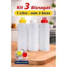 Kit 3 Bisnagas Plásticas 1L com 3 Bicos – Ketchup, Maionese e Mostarda