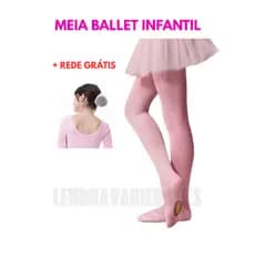 Meia Calça Ballet Infantil Fio 40 Com Rede p/ Cabelo 3-12 anos com/sem Abertura nos Pés para Ajuste