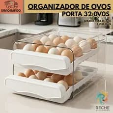 Gaveteiro porta ovos duplo acrílico 2 gavetas organizador de geladeira para 32 ovos