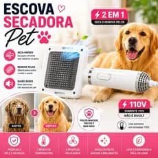 Escova Secadora 110V para Pets Cães e Gatos Secagem Rápida Remove Pelos Baixo Ruído