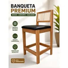 Banqueta Estilo Rattan Madeira Natural Estofada Courino Design Moderno Encosto em Tela