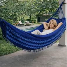 Rede Dormir Descanso 4Metros Grande Casal Reforçada Jeans Mesclada Franja Algodão - Envio Imediato