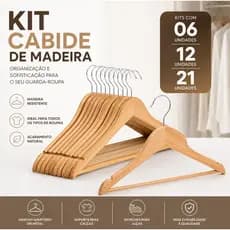 Kit 6 12 21 Cabides Madeira Marfim Premium Para Roupas Calças Com Gancho Cromado