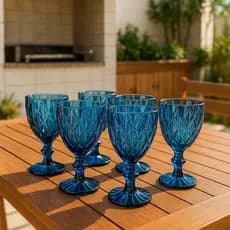 Taças Vidro Diamond Azul 340ml Kit 6 Água Suco Vinho Elegante Mesa Posta Sofisticado Elegante
