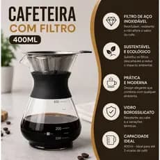 Cafeteira de vidro com filtro de aço inoxidável e anel de silicone 400ml reutilizável elegante