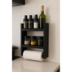Nicho Porta Papel Toalha e Condimentos Potes Cozinha Banheiro 100% MDF PRETO TX 15mm Tubo Metal