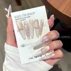 [Oxigênio querida] doce desejo bolinhas francesas rosa dourado olho de gato Manicure longo laço feito à mão unhas