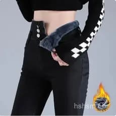 Calças Jeans Quentes para Mulheres, Calças de Veludo de Inverno, Cintura Alta, Ajuste Slim, Jeans de Lã Espessa e Elásti