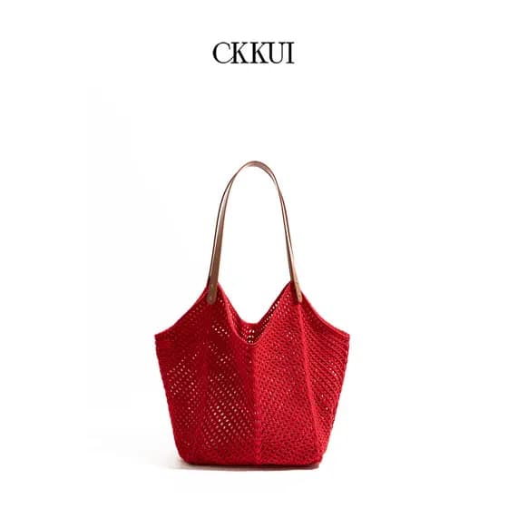 CKKUI Bolsa vermelha minimalista tecida à mão estilo preguiçoso bolsa de malha de grande capacidade bolsa de praia bolsa
