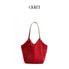 CKKUI Bolsa vermelha minimalista tecida à mão estilo preguiçoso bolsa de malha de grande capacidade bolsa de praia bolsa