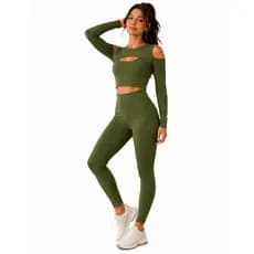 Kit Conjunto Legging e Top Cropped Manga Longa Academia Inverno Frio Fitness Suplex Cintura Alta Sem Transparência