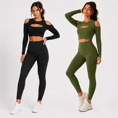 Kit 2 Conjuntos Legging e Top Cropped Manga Longa Academia Inverno Frio Fitness Suplex Cintura Alta Sem Transparência