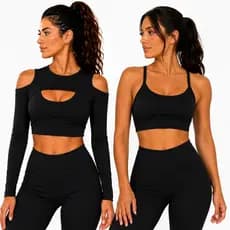 Kit 2 Tops Cropped Feminino Regata Inverno Verão Fitness Academia Nadador Suplex Liso Conforto Manga longa