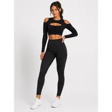 Conjunto Legging e Top Cropped Manga Longa Academia Inverno Frio Fitness Suplex Cintura Alta Sem Transparência