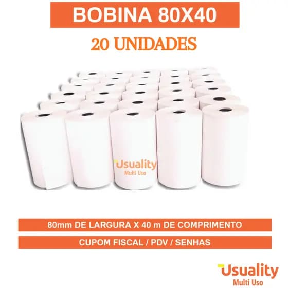 Bobina Termica PDV 80x40m 1 Via Papel Termico Cupom Fiscal Comprovante Impressora 20 Rolos Branco