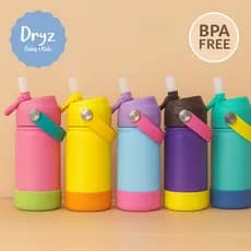 Garrafa Térmica Infantil 350 ml com Canudo – Base de Silicone, Tampa Antivazamento, 5 Cores – Dryz