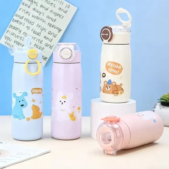 Garrafa Térmica Infantil Aço Inox 304 com Canudo - 470ML - Antivazamento, Trava Segura e Botão | Bichinhos Fofos