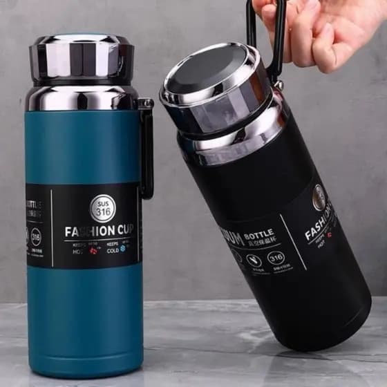 Garrafa Térmica 1L com Infusor Prata Dourada De Água Café Parede Dupla Com Alça Envio Imediato