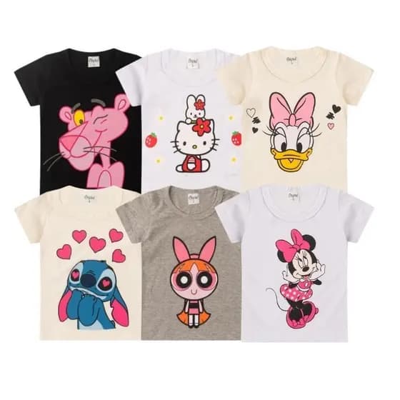 Kit Sortido 04 Blusas Femininas Estampadas do 03 ao 16 Anos Infantil Juvenil Manga Curta Menina