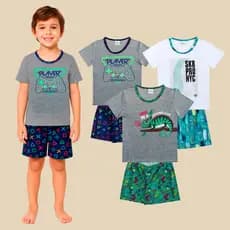 Kit Sortido 3 Pijamas Sortidos 3 Camisetas + 3 Bermudas Masculino/Menino Infantil Verão 3 ao 16