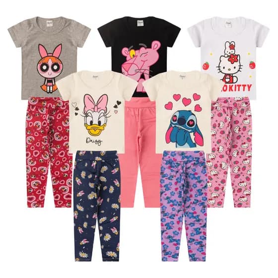 Kit 5 Conjunto Blusa Manga Curta + Legging Infantil Juvenil - Feminino/Menina Tamanho 3 ao 16 Verão