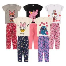 Kit 5 Conjunto Blusa Manga Curta + Legging Infantil Juvenil - Feminino/Menina Tamanho 3 ao 16 Verão