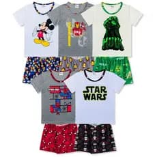 Kit Sortido 5 Pijamas Estampados 5 Camisetas + 5 Bermudas Masculino/Menino Infantil Verão 3 ao 16