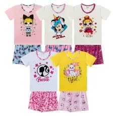 Kit Sortido 5 Pijamas Estampados Feminino/Menina  Infantil Juvenil Verão Algodão 03 ao 16