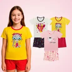 Kit Sortido 4 Conjuntos Pijama Menina Coleção Manga Curta + Bermuda Feminino Verão 3 ao 10