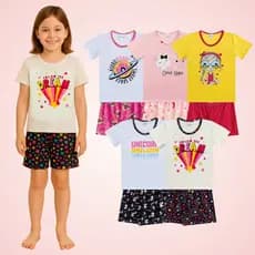Kit Sortido 5 Conjuntos Pijama Menina Coleção Manga Curta + Bermuda Feminino Verão 3 ao 10