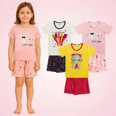 Kit Sortido 3 Conjuntos Pijama Menina Coleção Manga Curta + Bermuda Feminino Verão 3 ao 10