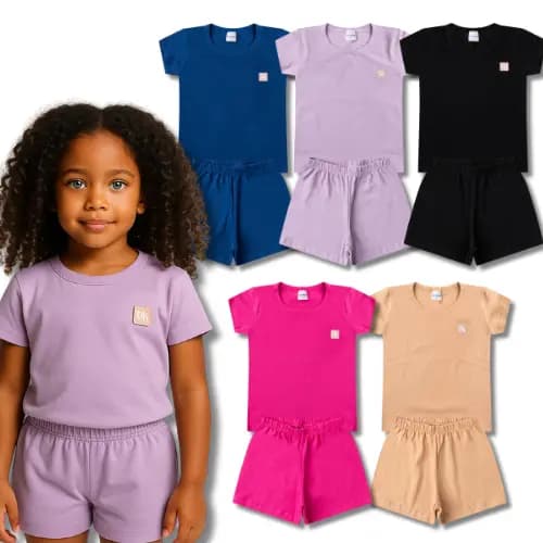 Kit Sortido Conjunto Monocromático Liso Feminino/Menina Infantil e Juvenil - Roupas de Verão Escolar